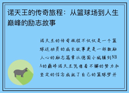 诺天王的传奇旅程：从篮球场到人生巅峰的励志故事