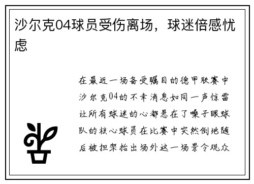 沙尔克04球员受伤离场，球迷倍感忧虑